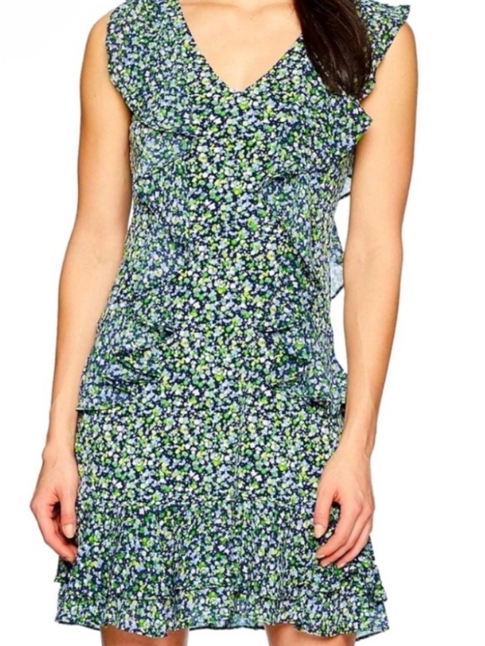 Michael Kors Navy, Green and White Floral V‑Neck Ruffle Mini Dress